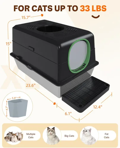 Miniatura 2 de Caja de arena XL de acero inoxidable para gatos con tapa, diseño cerrado de entrada superior, caja de arena grande de metal para gatos equipada