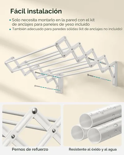 Miniatura 3 de SONGMICS Estante de secado de ropa, estante de secado de ropa montado en la pared, pequeño estante de lavandería acordeón, 9 varillas colgantes
