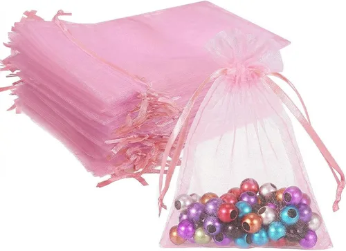 Wudygirl 100 bolsas de organza rosa transparente de 5 x 7 pulgadas con cordón para joyería, bolsas para lápiz labial, baby shower, fiesta, boda,