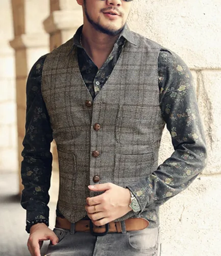 Miniatura 5 de Chaleco de traje vintage para hombre, de tweed a cuadros, ajuste regular, para padrinos de boda, Negro