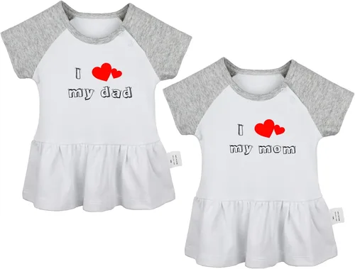 Pack of 2, I Love My Dad & I Love My Mom Funny Print Dresses, Newborn Infant Baby Girls Princess Dress, Cute Ruffle