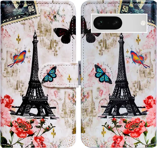 Miniatura 17 de Bcov Pixel 7a - Funda de piel con tapa y función atril para Google Pixel 7a, diseño de flores y mariposas azules Mariposa Azul Flores Rosa