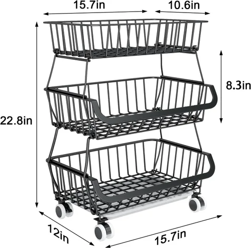 Miniatura 7 de Organizador de piso de despensa rodante de 3 niveles, carrito de almacenamiento de despensa apilable con ruedas, cestas de despensa de alambre