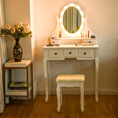Miniatura 17 de Giantex Juego de tocador con espejo iluminado, mesa de maquillaje con 10 luces rosadas, escritorio de tocador moderno con taburete acolchado, 3