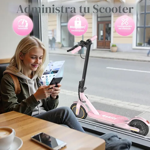 Miniatura 4 de WERHY Scooter eléctrico plegable para niños, motor de 350 W, alcance máximo de 12/16 millas, velocidad máxima de 19 MPH, neumático sólido de 8.5 Rosa