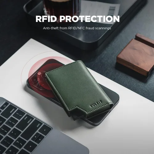 Miniatura 5 de VULKIT Cartera minimalista para hombre, tarjetero desplegable con bloqueo RFID, cierre magnético, billetera de cuero con ventana de identificación