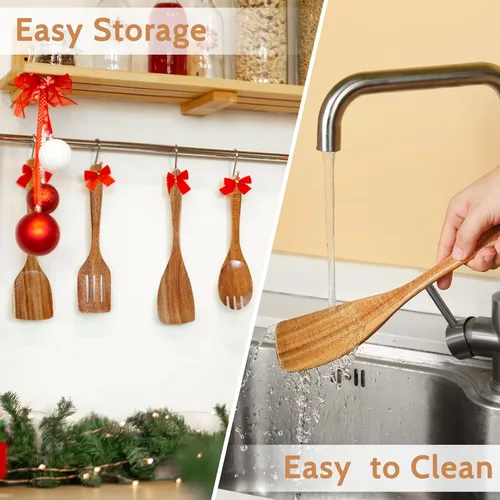 Miniatura 6 de Pleafind Juego de utensilios de madera de teca natural, 9 piezas, cucharas de madera para cocinar, juego de utensilios de cocina de madera