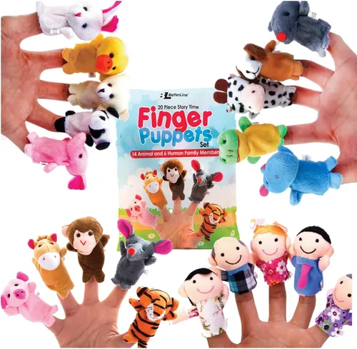Juego de marionetas de dedo, juego de 20 piezas para la hora del cuento, marionetas de tela con 14 animales más 6 personas miembros de la familia