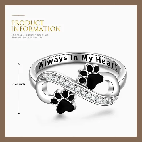 Miniatura 2 de Anillo de plata de ley con estampado de pata de gato y perro para mujer, anillos con estampado de pata de infinito Always In My Heart Memorial