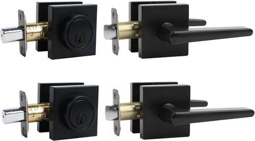 Miniatura 6 de Juego de cerrojo y pomo de puerta, juego de cerraduras de puerta exterior con cerrojo de seguridad, pomos cuadrados para puertas exteriores