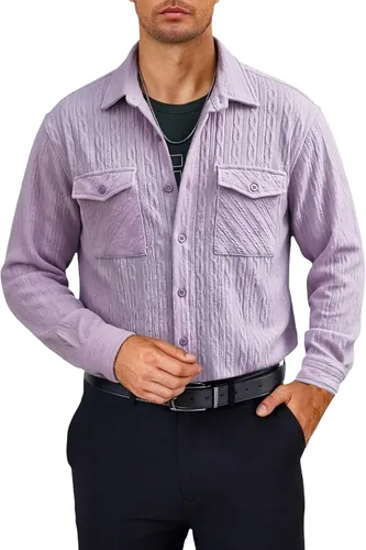 Miniatura 22 de Camisas con botones para hombre, casual, de manga larga, con cuello jacquard, texturizada, ligera, sobrecamisa, sobrecamisa