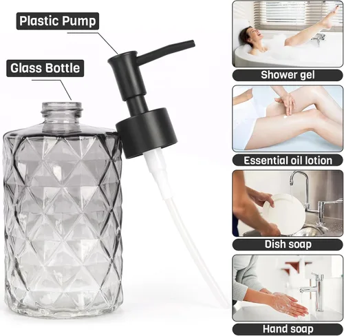 Miniatura 2 de Dispensador de jabón de vidrio Ulable con bomba de plástico, paquete de 2, diseño de diamante degradado de 12 oz, dispensador de jabón negro