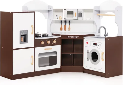 HONEY JOY Juego de Cocina de Esquina para Niños, Cocina de Juego de Madera Definitiva para Niños Pequeños, Lavadora, Máquina de Hielo, Fregadero,