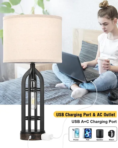 Miniatura 4 de Seealle Juego de 2 Lámparas de Mesa para Sala de Estar - Lámpara de Noche de Aspecto de Madera para Dormitorio con USB C+A y Enchufe, Lámparas