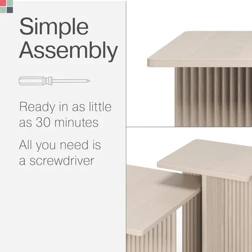 Miniatura 8 de Stead Juego de mesa auxiliar cuadrada anidable, mesa central con base de roble acanalado para sala de estar, juego de conjunto de chapa de grano