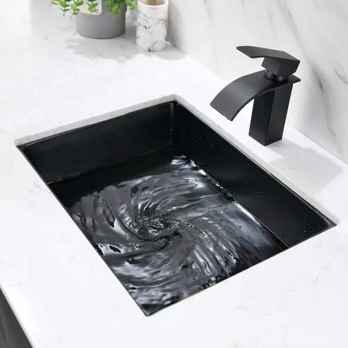 Miniatura 4 de Fregadero de baño rectangular de 20 x 15 pulgadas, color negro, de porcelana, cerámica, arte moderno, lavabo bajo encimera con desbordamiento Negro