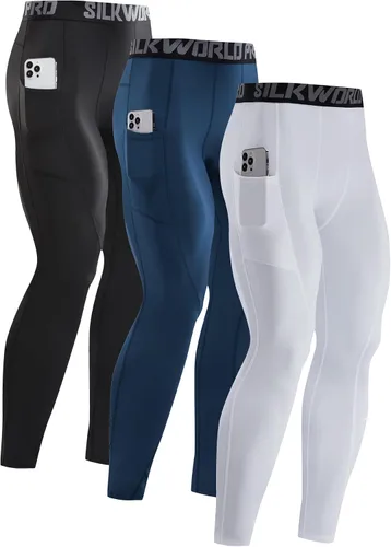 Miniatura 50 de SILKWORLD Paquete de 1 a 3 pantalones de compresión para hombre, con bolsillos, leggings de gimnasio y secado fresco