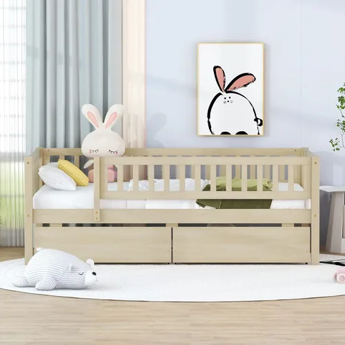 DEINPPA Cama individual con cajones, sofá cama para niños con almacenamiento, marco de cama de madera con listones para niños, niños y niñas, natural