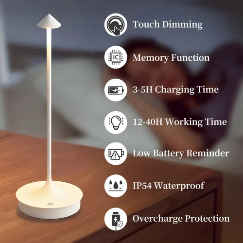Miniatura 2 de Lámpara de mesa inalámbrica recargable LED funciona con pilas, lámpara de mesa de 4000 mAh, lámpara táctil regulable al aire libre, impermeable