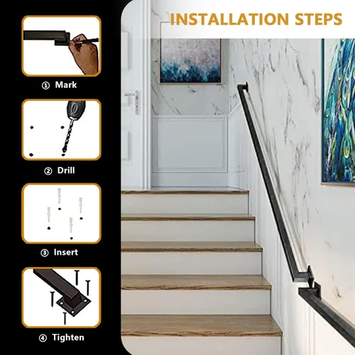 Miniatura 6 de Barandilla de escalera para escalones exteriores o interiores, pasamanos de escalera de metal negro soporte de pared de hierro forjado, barandilla