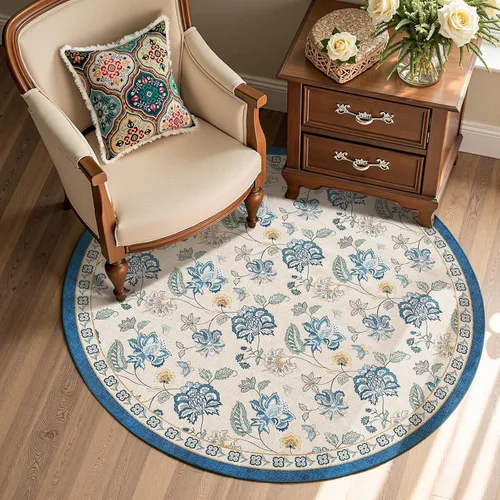 Miniatura 121 de Jinchan Fiora - Alfombra redonda de 8 pies, alfombras vintage con diseño floral envejecido, lavable a máquina, antideslizante, de pelo bajo, Azul