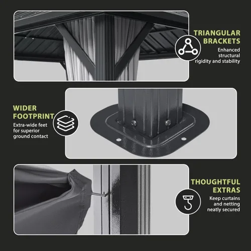 Miniatura 3 de Gazebo de techo rígido de 10 x 12 pies, cenador de aluminio para exteriores con doble parte superior de acero galvanizado, pabellón de metal