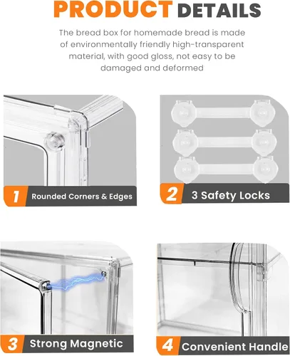 Miniatura 8 de Caja de pan, cajas de pan grandes para encimera de cocina, contenedor de almacenamiento de pan ajustable de 4 capas, cajas transparentes