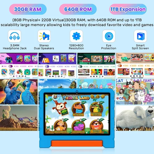 Miniatura 3 de Tableta infantil 2025 con Android 15 de 10 pulgadas para niños Octa-Core, 30GB+64GB (TF 1TB), tableta para niños pequeños con funda a prueba