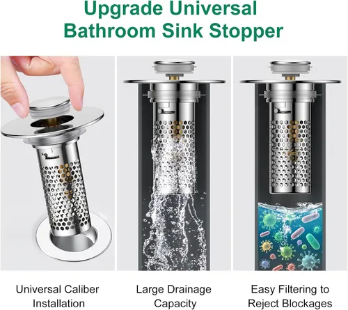 Miniatura 3 de Colador de drenaje para lavabo de baño, tapón emergente para lavabo atrapa cabellos, cesta de filtro de drenaje de acero inoxidable Ysilver-2