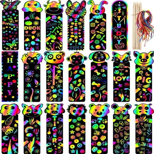 Blulu 100 marcapáginas de 20 estilos de San Valentín para niños, diseño de rascado mágico, manualidades, con 100 cuerdas, 20 lápices de madera para
