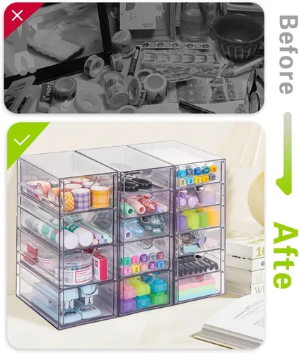Miniatura 8 de VZKAH Organizador de acrílico transparente con cajones Unidad de escritorio de 15 cajones Organizador de maquillaje y escritorio y caja