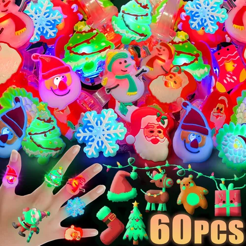 60 recuerdos de fiesta de Navidad para niños, anillos iluminados, rellenos de calcetines de Navidad, 50 anillos intermitentes LED y 10 tatuajes