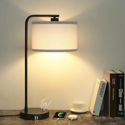 Miniatura 15 de Lámpara de mesita de noche Seaside village con puertos de carga USB C+A, lámpara de pie moderna de granja completamente regulable, lámpara de Roble