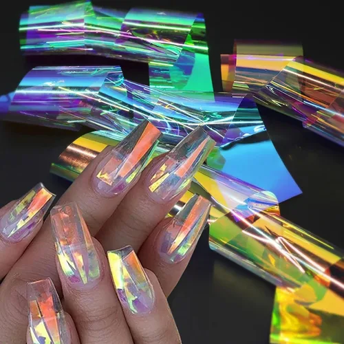 Miniatura 7 de 20 hojas de papel de celofán iridiscente para uñas, hojas rotas, láminas holográficas, calcomanías de uñas de aurora, diseños de uñas reflectantes
