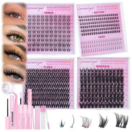 Miniatura 12 de Geeneiya Kit de racimos de pestañas de 5 estilos, extensiones de racimos de pestañas de volumen/mega/completo/inferior con adhesivo de pestañas