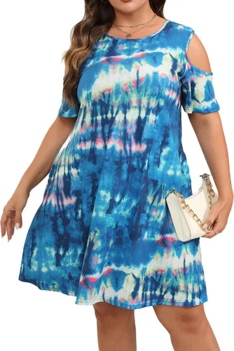 Hbeyyto - Vestido informal de manga corta con hombros descubiertos para mujer, holgado y con bolsillos, talla grande