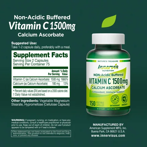 Miniatura 9 de Innervis Nutrition - Vitamina C tamponada de 1500 mg, cápsulas de ascorbato de calcio no ácidas aptas para el estómago para el apoyo inmunológico