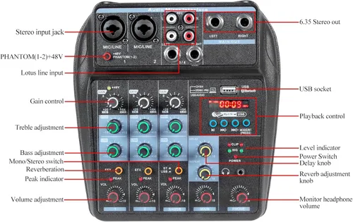 Miniatura 7 de Dj Mixers - Mezclador de audio de 4 canales con Bluetooth, interfaz de audio USB portátil con alimentación fantasma de 48 V, tablero mezclador