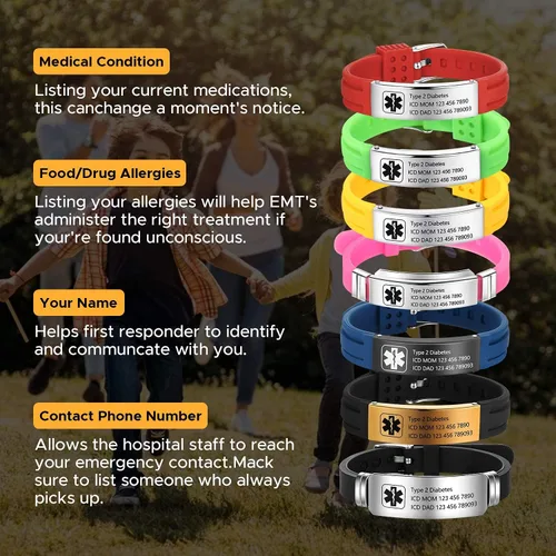 Miniatura 136 de OPALSTOCK Pulseras médicas personalizadas de silicona ajustable para identificación de emergencias, grabado gratuito, 9 pulgadas, resistente al
