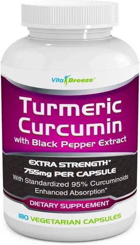 Complejo de cúrcuma y curcumina con extracto de pimienta negra, 0.026 onzas por cápsula, 180 cápsulas de origen vegetal, contienen piperina (para