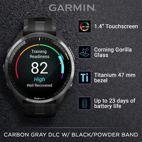 Miniatura 2 de Garmin Forerunner 965 Reloj inteligente premium para correr y triatlón con GPS de 47mm con pantalla táctil AMOLED, bisel de titanio DLC gris carbón