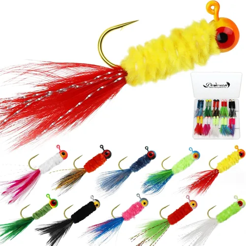 Dovesun Jigs de Crappie, cabezas de jig con plumas atadas a mano Jigs de Marabou Ice | Señuelos de pesca con mosca 10 colores 1/32 oz 1/16 oz 1/8 oz