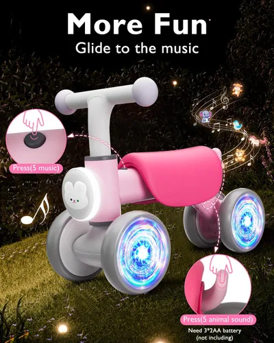 Miniatura 3 de Doselie Bicicleta de equilibrio para niños pequeños de 1 a 2 años, 4 ruedas, iluminación colorida con música, bicicleta de equilibrio para bebés