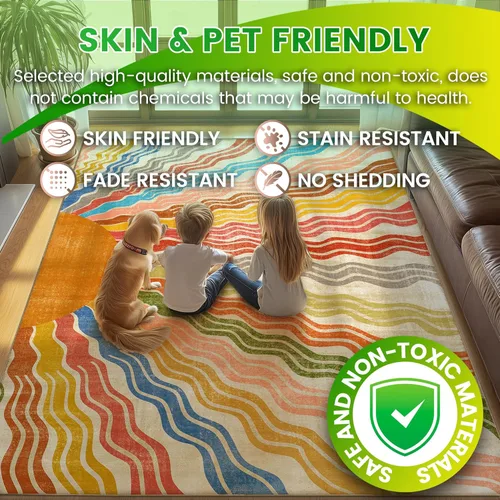 Miniatura 5 de Alfombra lavable de 3 x 5 para sala de estar, diseño de arco iris, moderno, retro, de gran área, ultra fina, de pelo bajo, ligera, suave, alfombra