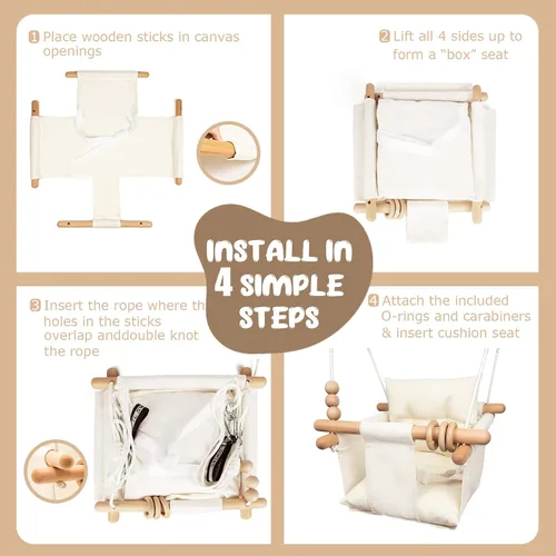 Miniatura 5 de Columpio para Bebé Interior y Exterior Asiento de Columpio para Niños Pequeños con Cinturón de Seguridad, Columpios Colgantes de Lona Exterior Crema