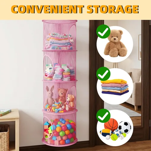 Miniatura 7 de 2 unidades de almacenamiento de animales de peluche plegables o organizador de hamaca, 4 compartimentos para colgar juguetes de malla para niños