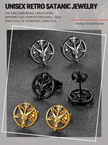 Miniatura 2 de FaithHeart Satan Stud Earrings for Men Sturdy Stainless Steel Satanist Demon Earrings Gothic Punk Satanic Jewelry