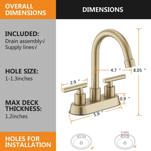 Miniatura 3 de llave de baño, grifo de fregadero de 2 manijas dorado, grifos de baño dorados, llave de fregadero central de 4 pulgadas con drenaje emergente y Oro