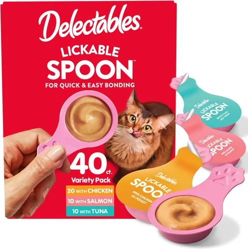 Miniatura 9 de Delectables Golosinas para lamer con cuchara de mano para gatos hechas con pollo y salmón reales, puré cremoso rápido y fácil, sin desorden, sin