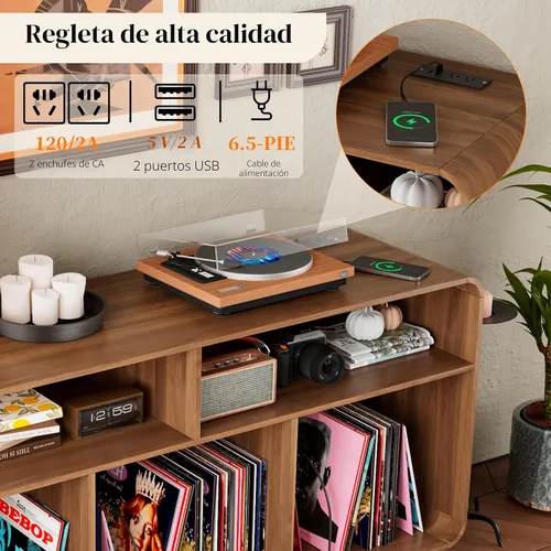 Miniatura 3 de Soporte para tocadiscos con armario de almacenamiento de vinilo con estación de carga y puertos USB, mesa giratoria con capacidad para hasta 350